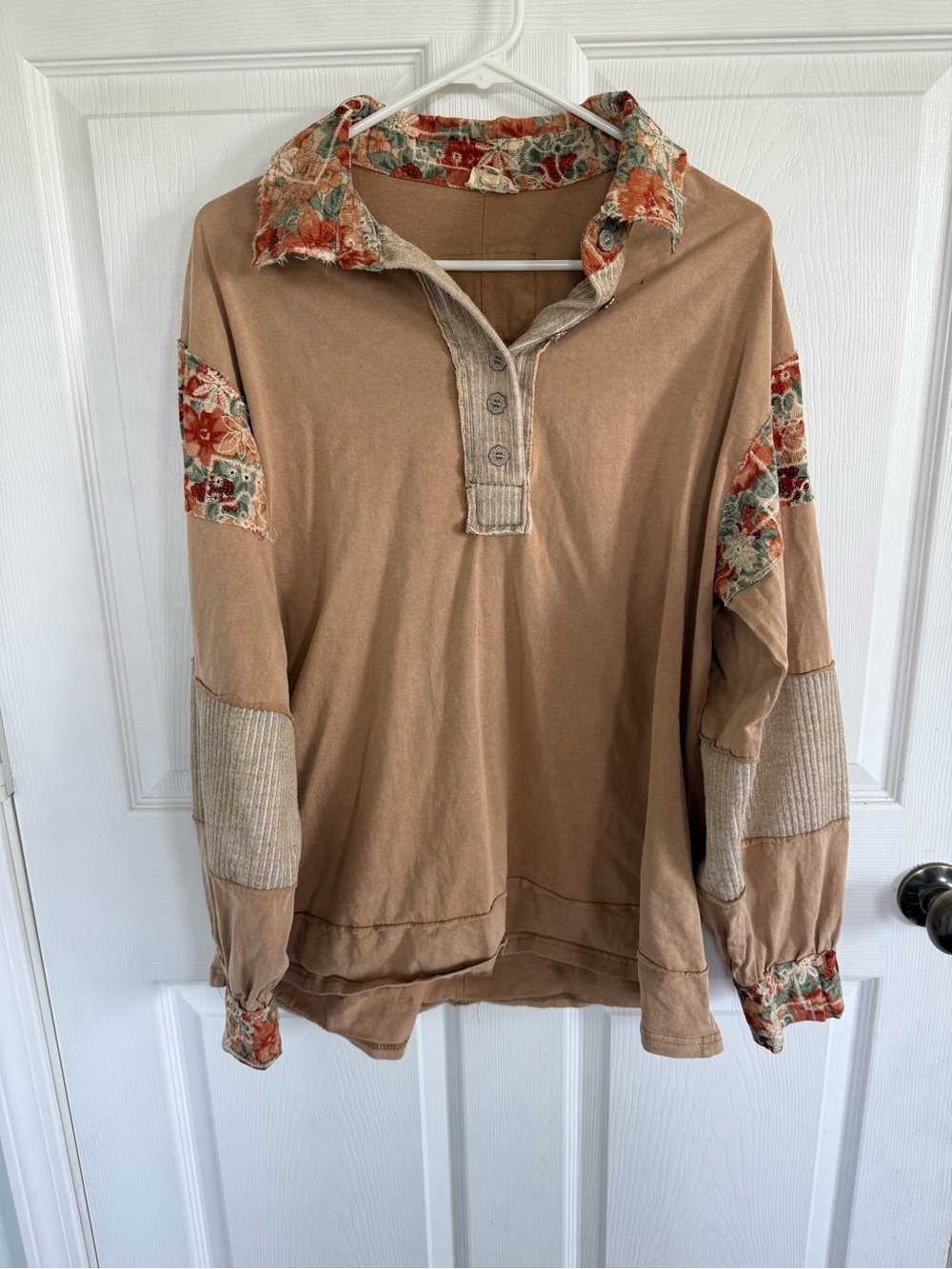 POL Size M Boho Patchwork Top Floral Corduroy Oversized Fall Blouse Shacket